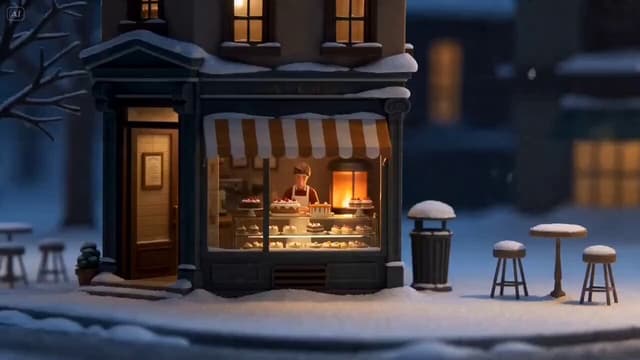 Veo Prompt - STYLE: Dreamy winter isometric animation, cozy dessert café,