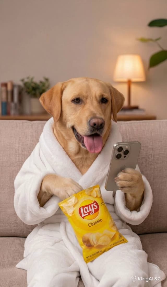 Kling Prompt - Labrador dog sitting like a human on a couch wearing a white