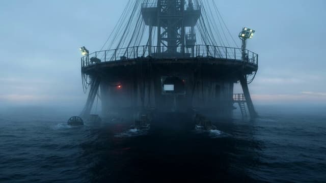 Grok Imagine Prompt - A massive abandoned deep-sea drilling platform sits half-col