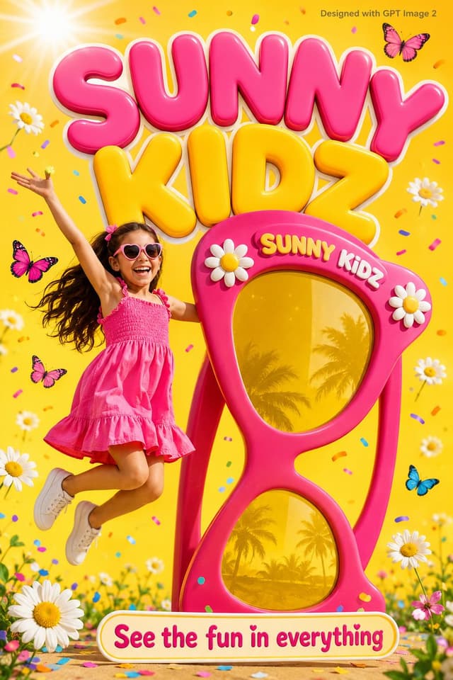 GPT Image Prompt - A fun colorful kids advertisement poster. An adorable young