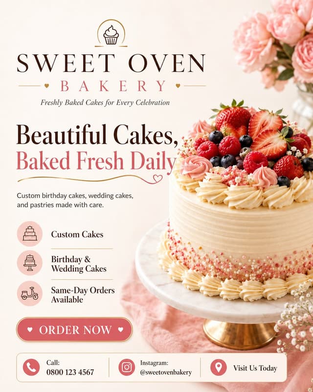 GPT Image Prompt - Create a clean, professional cake bakery promotional poster 