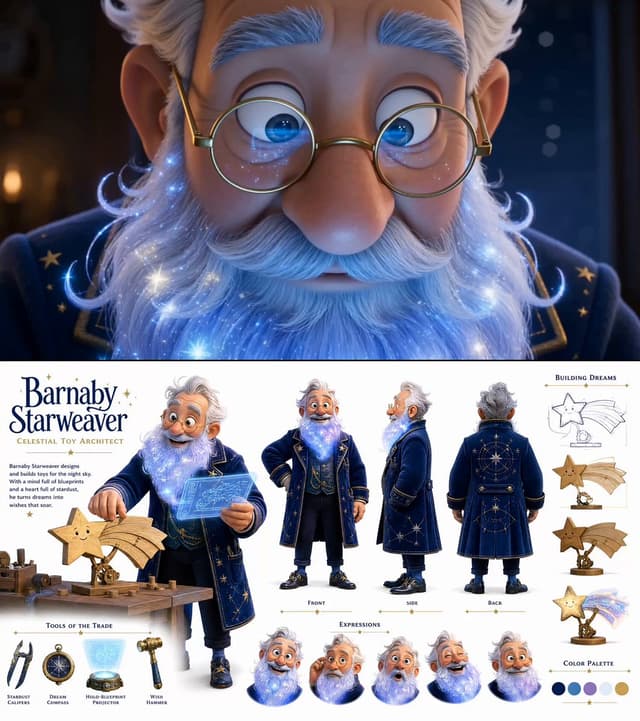 Seedance Prompt - 01- Pixar-inspired celestial toy architect character sheet s