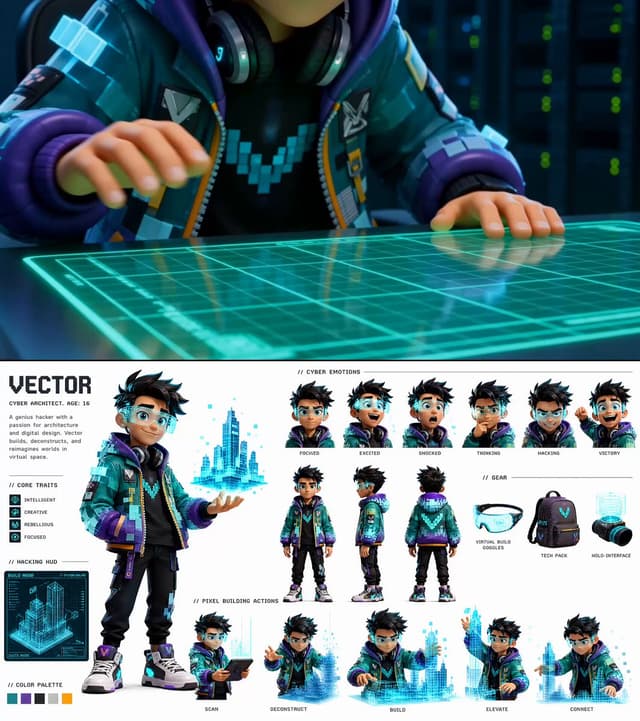 Seedance Prompt - Pixar-inspired cyber architect character sheet showing Vecto