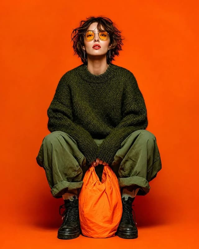 Nano Banana Prompt - Studio fashion portrait of a young woman sitting against a b