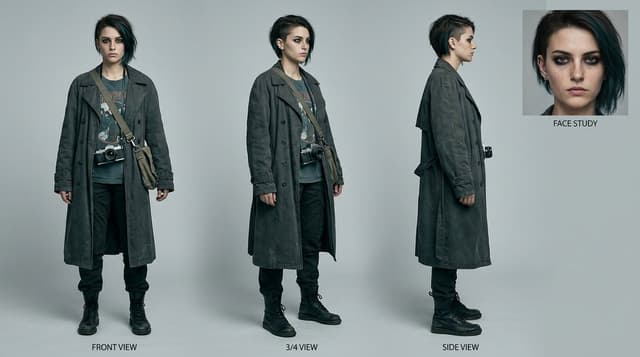 Midjourney Prompt - Character reference sheet of a young unconventional female d