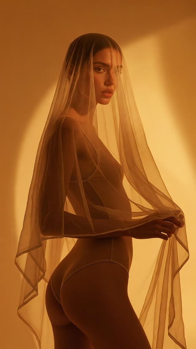 Grok Imagine Prompt - A high-end fashion photoshoot in a studio with a warm monoch