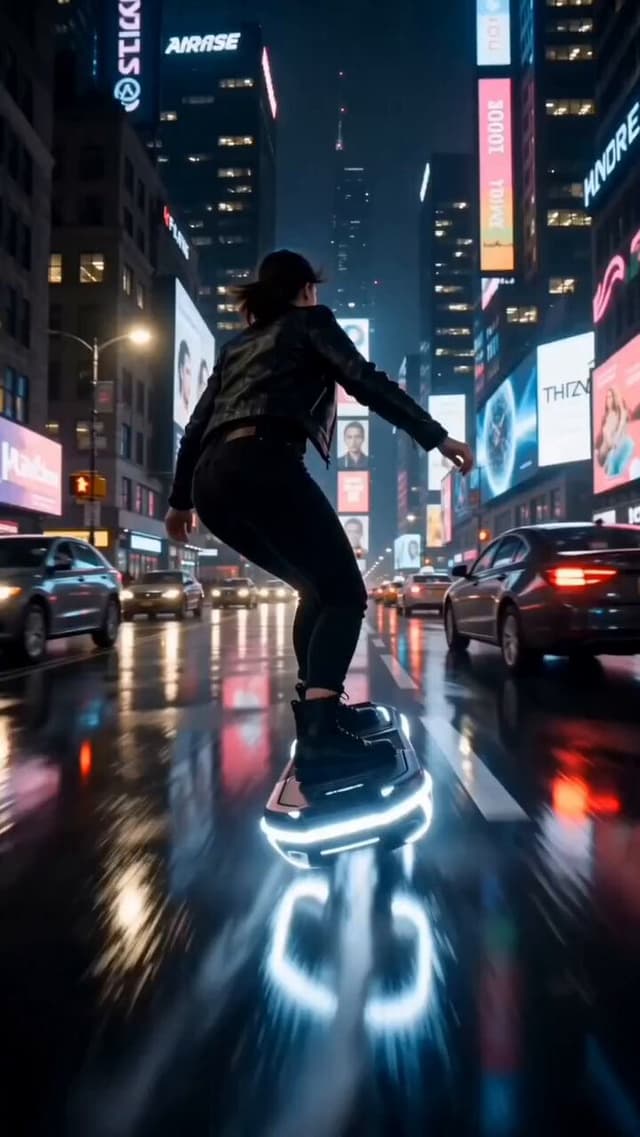 Veo Prompt - A high-speed chase through a neon-lit cyberpunk city where