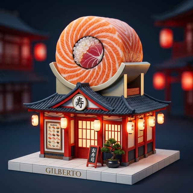 Other Prompt - A rooftop pizza melting over brick walls, a sushi roll large