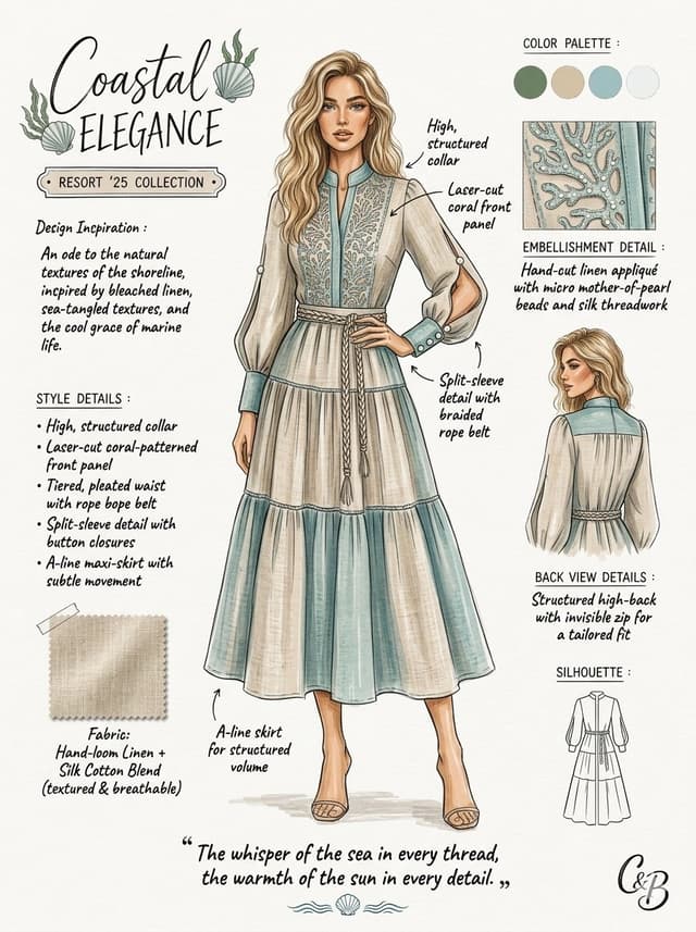 Nano Banana Prompt - A professional fashion design sketch and tech pack layout pr