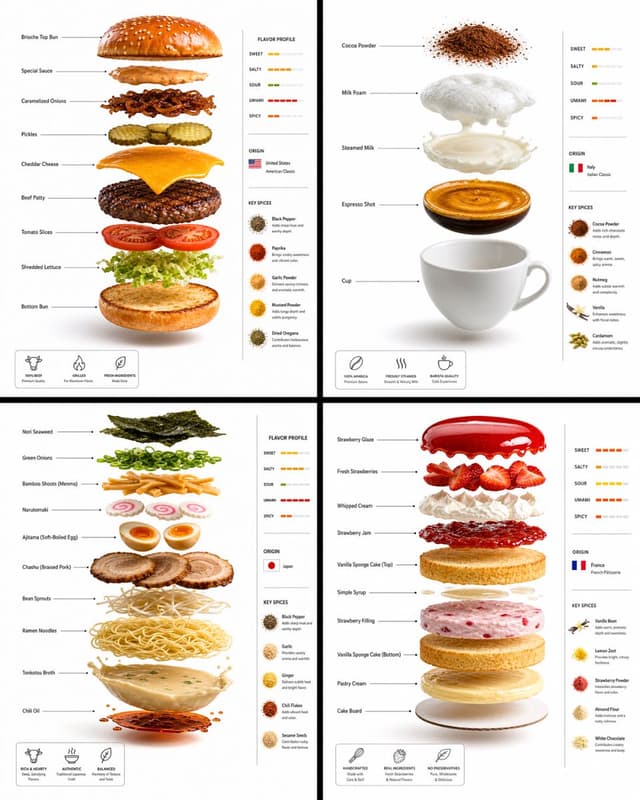 GPT Image Prompt - A hyper-realistic 3D exploded-view culinary infographic post