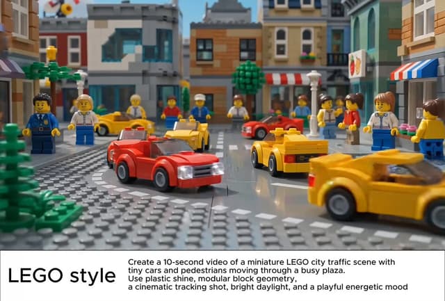 Gemini Omni Prompt - Create a 10-second video of a miniature LEGO city traffic sc