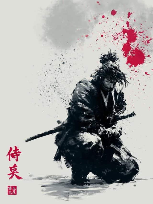 GPT Image Prompt - Traditional Japanese sumi-e ink painting, lone samurai warri