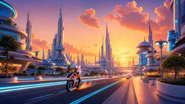 Veo Prompt - A high-speed ride through a futuristic sunset metropolis whe