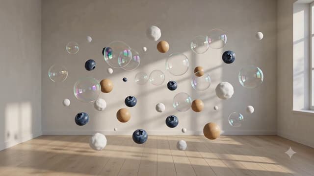 Gemini Omni Prompt - A cluster of transparent soap bubbles, blueberries, and smal