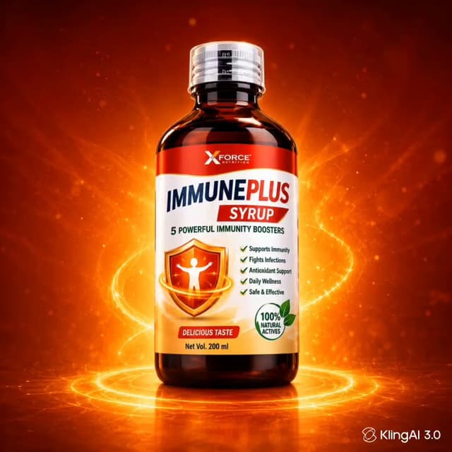 Kling Prompt - A bold and healthy advertisement poster for "ImmunePlus Syru