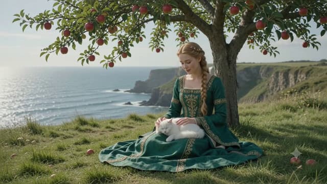 Gemini Omni Prompt - A beautiful woman, medieval period, sitting by the sea under