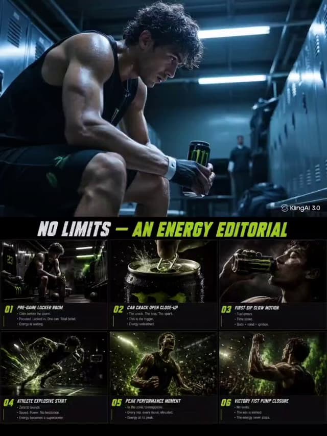 Kling Prompt - Create a high-energy 16:9 energy drink advertising storyboar