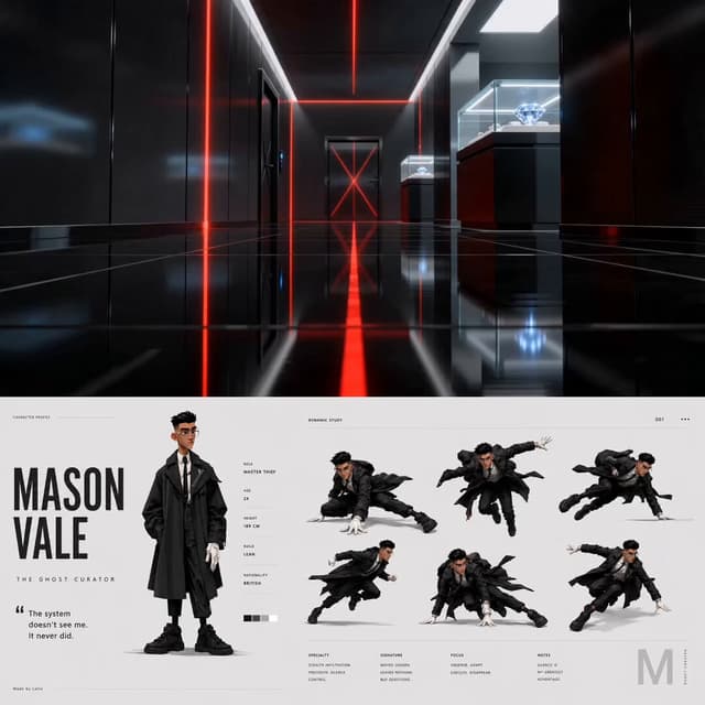 Seedance Prompt - SUBJECTS: Master thief @ image1
ENVIRONMENT:
Private museum 