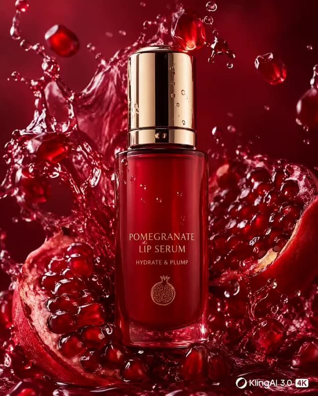 Kling Prompt - Red pomegranate lip serum bottle with pomegranate seeds burs