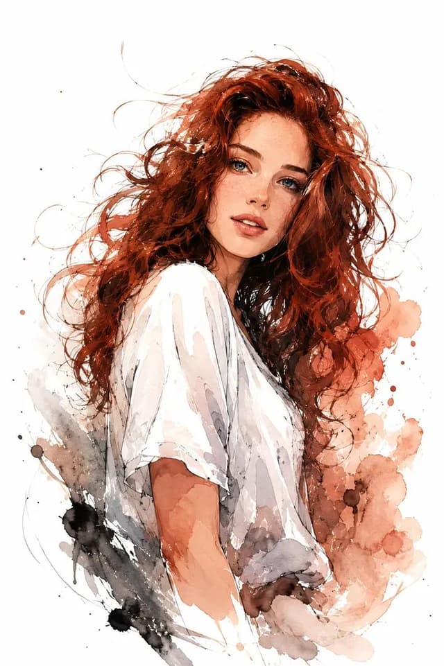 GPT Image Prompt - Portrait of a young woman with long messy curly red hair, we