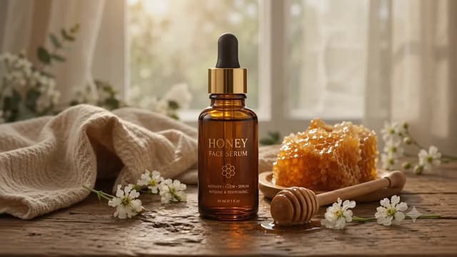 Gemini Omni Prompt - Honey serum amber bottle on rustic wood, soft white window l
