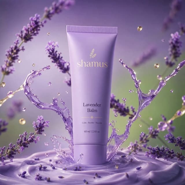 Kling Prompt - A premium matte lavender tube labeled "M Lavender Balm" upri