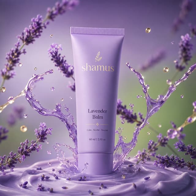Kling Prompt - A premium matte lavender tube labeled "M Lavender Balm" upri