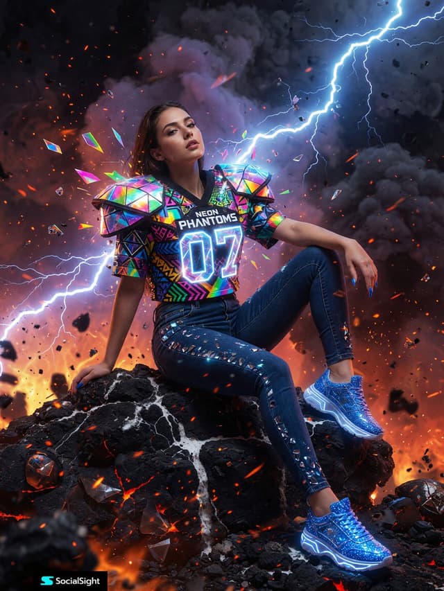 Grok Imagine Prompt - A dramatic, high-energy full-body shot of a beautiful young