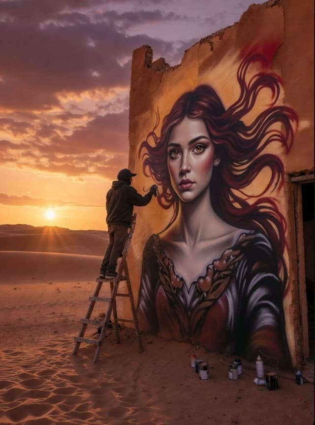 Grok Imagine Prompt - A dramatic wide shot of a graffiti artist standing on a wood