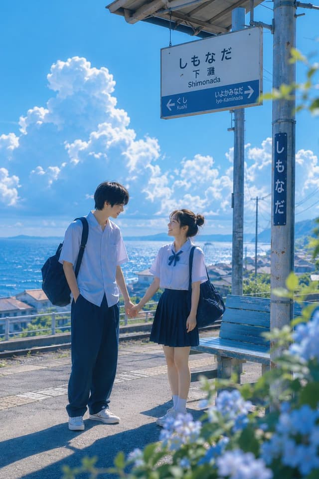 GPT Image Prompt - Japanese coming-of-age movie aesthetic, seaside bus stop, Ja