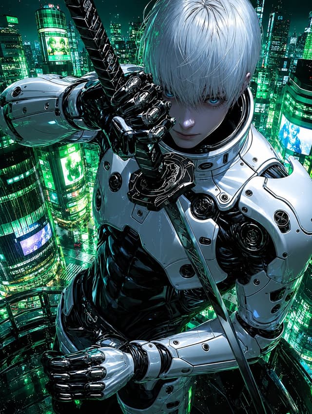 Midjourney Prompt - A man stands on top of a cyberpunk building, holding a Japan