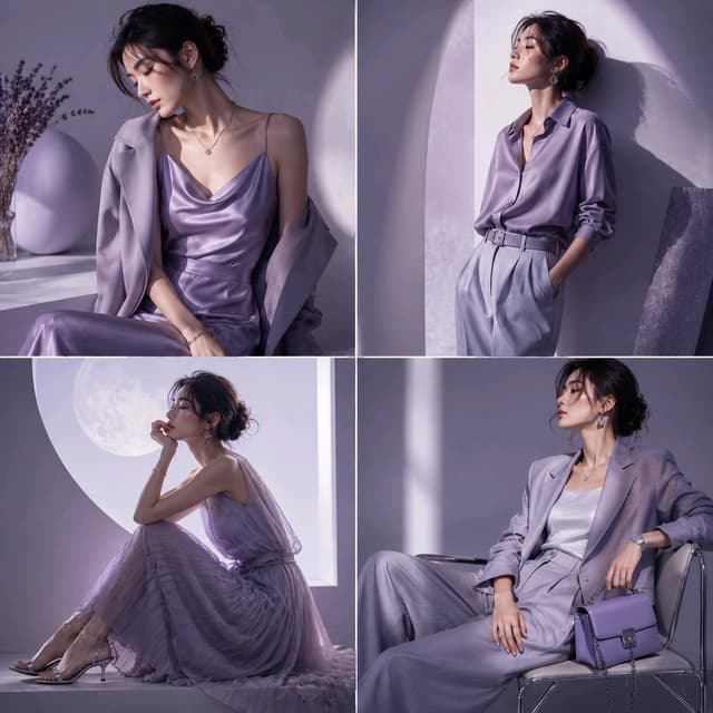 GPT Image Prompt - 国际顶级时尚杂志封面感视觉。

主体为【25岁亚洲女性模特】。

采用月光银、雾紫、珍珠灰、冷白色构建整体色彩体系。

