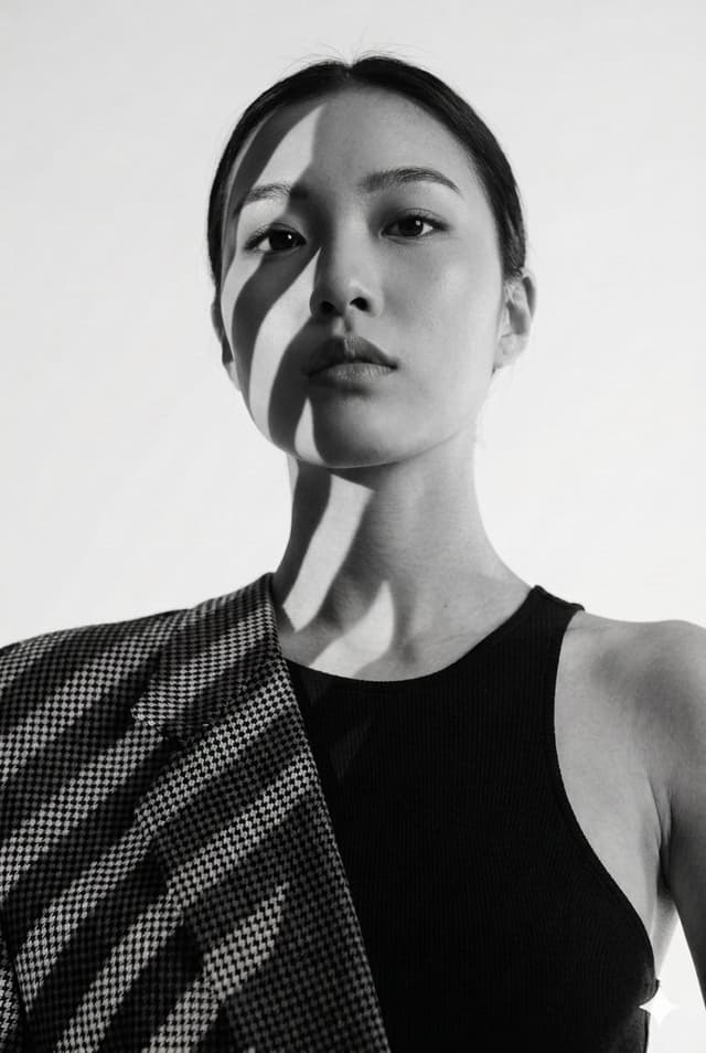 Nano Banana Prompt - A studio editorial fashion portrait of a woman shot from a l