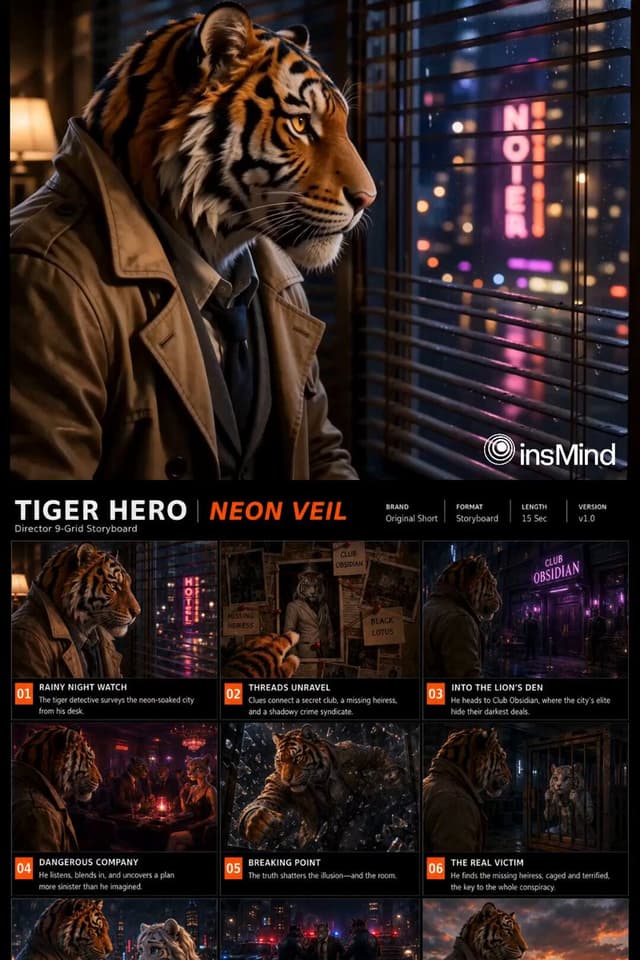 Veo Prompt - Create a cinematic 15-second animated short in neo-noir styl