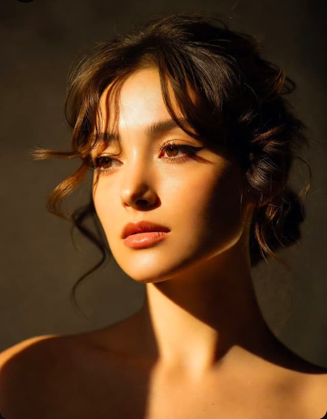 Grok Imagine Prompt - A close-up portrait of a young woman with a thoughtful, sere
