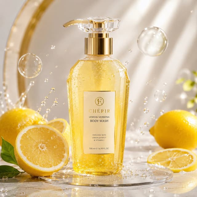Kling Prompt - Elegant yellow skincare bottle with crystal pump, surrounded