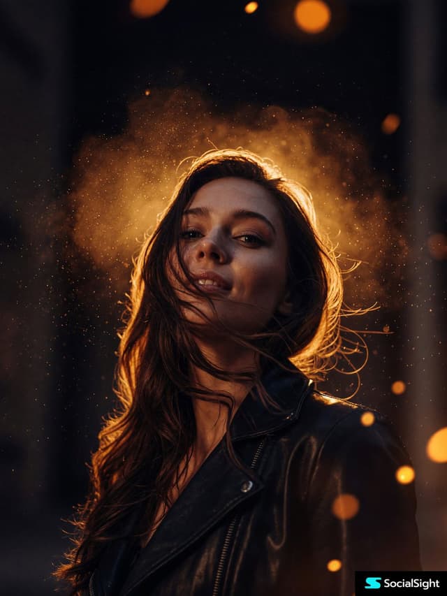 Grok Imagine Prompt - Cinematic moody female portrait at night, low-angle shot, co