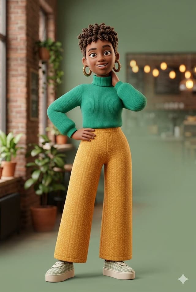 Nano Banana Prompt - A stylish woman with textured, curly natural hair, depicted 