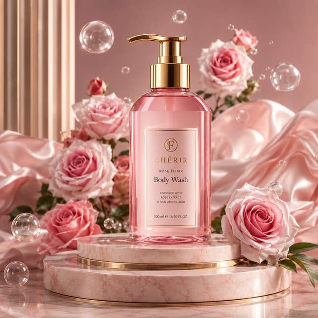 Kling Prompt - Premium rose-colored bottle with gold cap placed on layered 
