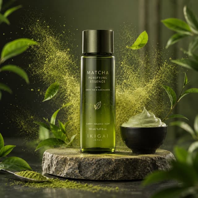 Gemini Omni Prompt - Premium green bottle placed on stone podium, surrounded by m