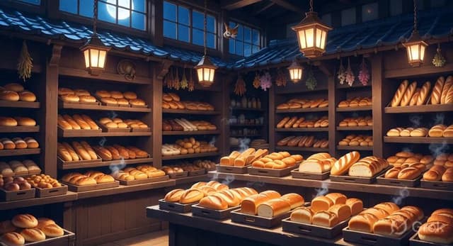 Grok Imagine Prompt - A quaint Japanese bakery at night, freshly baked bread on wo