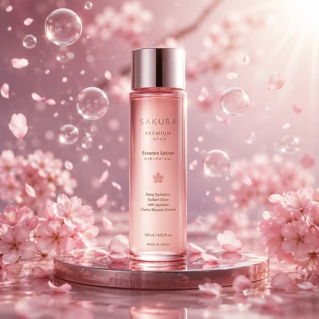 Gemini Omni Prompt - Elegant blush pink bottle surrounded by cherry blossom petal