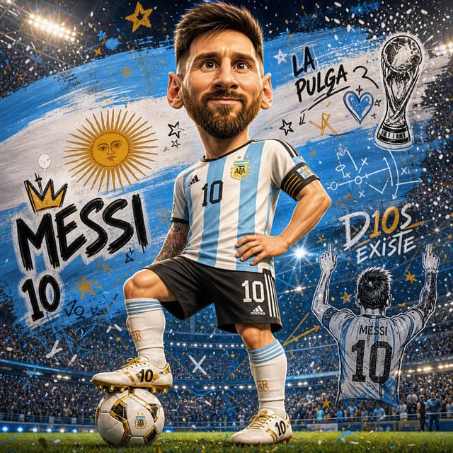 GPT Image Prompt - Lionel Messi full-body caricature poster, ultra-detailed ove