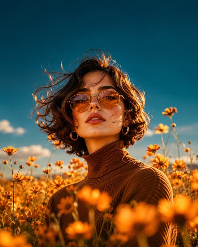 GPT Image Prompt - Wide environmental portrait, woman in brown turtleneck stand