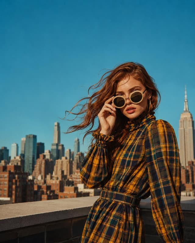 GPT Image Prompt - Wide editorial shot, woman in bold yellow-teal plaid turtlen