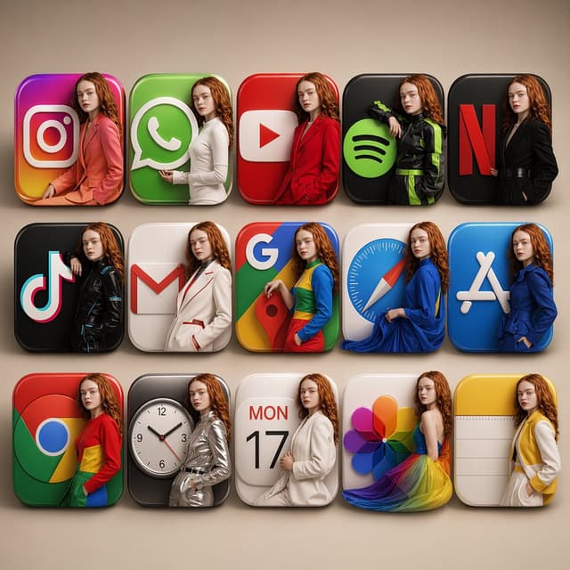 GPT Image Prompt - Ultra-realistic 3D mobile app icon collection arranged in a