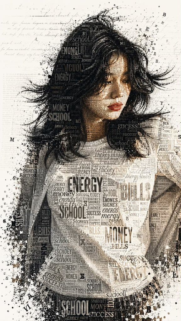 GPT Image Prompt - A striking typographic portrait of a young woman with a thou