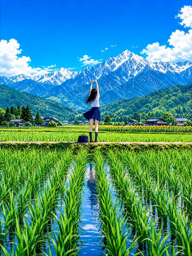 GPT Image Prompt - 連峰は晴れている
背伸びをしたら
胸の中まで風が通っていくような気がした
足もとの田んぼには夏の空
遠くにはまだ雪を
