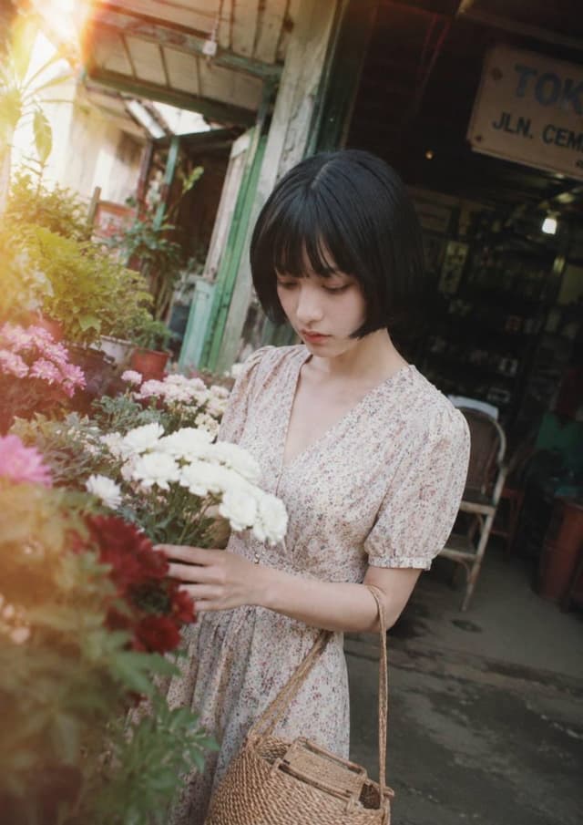 GPT Image Prompt - A dreamy cinematic street photography portrait of a young wo