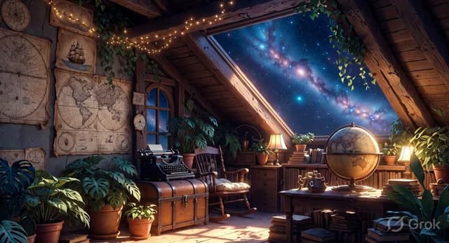 Grok Imagine Prompt - A cozy attic room filled with vintage treasures, old maps, p
